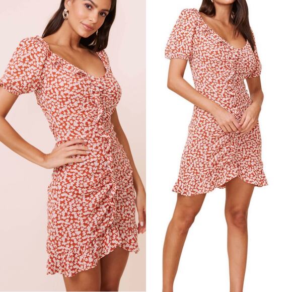 ASTR The Label Women's Orange Floral Shirred Ruffle Mini Dress Size L - Picture 1 of 8